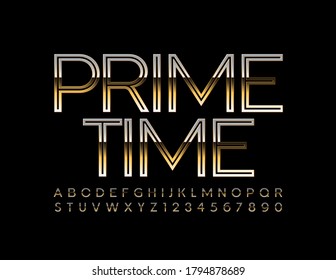 Vector modern Gold emblem Prime Time. Elegant chic Font. Luxury creative Alphabet Letters and Numbers