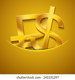 Vector modern gold ruble and dollar icons background. Eps10