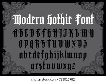 Vector modern gothic alphabet in frame. Vintage font. Typography for labels, headlines, posters etc. 