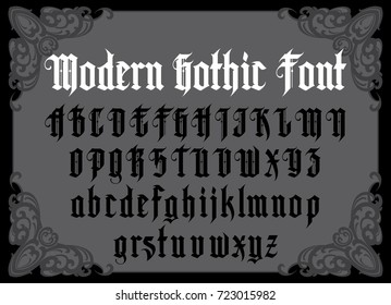 Vector Modern Gothic Alphabet In Frame. Vintage Font. Typography For Labels, Headlines, Posters Etc. 