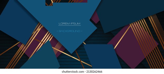 Vector modern graphic design, presentation background. Illustration art, geometric shape, gold color line pattern with blue and black colours background. Luxury decoration for cover, template, banner
