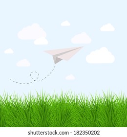 Vector modern grass  with oragami airplane. Eps 10