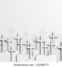 Vector modern graveyard white background with place for your text. Graves with shadows. 