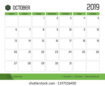 Vector of modern green calendar 2019 ( October ) in simple clean table style.full size 21 x 16 cm; Week start on Sunday