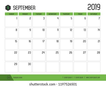 Vector of modern green calendar 2019 ( September ) in simple clean table style.full size 21 x 16 cm; Week start on Sunday