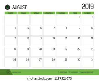 Vector of modern green calendar 2019 ( August ) in simple clean table style.full size 21 x 16 cm; Week start on Sunday