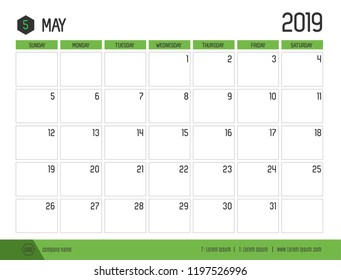 Vector of modern green calendar 2019 ( May ) in simple clean table style.full size 21 x 16 cm; Week start on Sunday