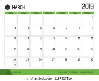 Vector of modern green calendar 2019 ( March ) in simple clean table style.full size 21 x 16 cm; Week start on Sunday