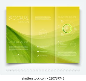 Vector modern green tri-fold brochure design template with colorful smooth waves background
