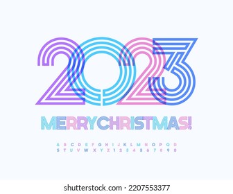Vector modern Greeting Card 2023 Merry Christmas! Colorful Font. Trendy Bright Alphabet Letters and Numbers