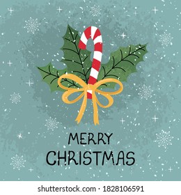Vector modern greeting card with colorful hand draw illustration of christmas cane. Merry christmas. For design poster, card, banner, t-shirt print, invitation, greeting card, other graphic design
