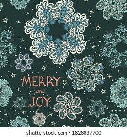 Vector modern greeting card with colorful hand draw illustration of snowflakes. Merry christmas. Use it as elements for design poster, card, fills, web page, wrapping paper, design of presentation