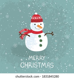 Vector modern greeting card with colorful hand draw illustration of snowman. Merry christmas. Use it for design poster, card, banner, t-shirt print, invitation, greeting card, other graphic design