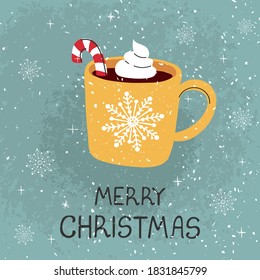 Vector modern greeting card with colorful hand draw illustration of mug with cocoa and Christmas cane. Merry christmas. For design poster, card, banner, t-shirt print, invitation, greeting card