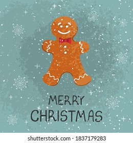 Vector modern greeting card colorful hand draw illustration of Christmas cookie man. Merry christmas. For design poster, card, banner, t-shirt print, invitation, greeting card, other graphic design