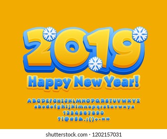 Vector modern Greeting Card Happy New Year 2019 for Children. Artistic set of contemporary Alphabet letters, Symbols and Numbers. Bright Blue and Yellow Font.