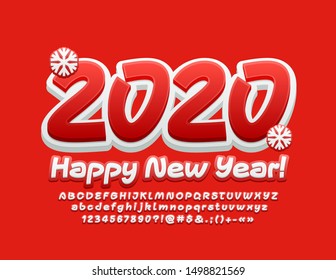 Vector modern Greeting Card Happy New Year 2020 for Children. Artistic set of contemporary Alphabet Letters, Symbols and Numbers. Bright White and Red Font.