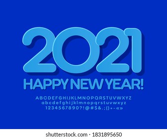 Vector modern greeting card Happy New Year 2021! Minimalistic blue Font. Trendy Alphabet Letters and Numbers set