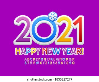 Vector modern greeting card Happy New Year 2021! Colorful creative Font. Bright Alphabet Letters and Numbers