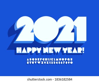 Vector modern greeting card Happy New Year 2021! Minimalistic 3D Font. White Alphabet Letters and Numbers set