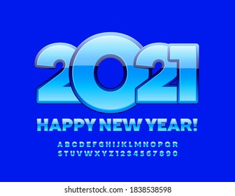 Moderne Vektor Grußkarte Frohes Neujahr 2021! Glossy Blue Font. Satz für kreative Alphabet-Buchstaben und -Zahlen