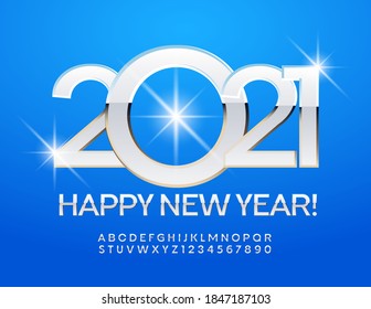 Vector modern greeting card Happy New Year 2021! White and Silver elegant Font. Glossy Alphabet Letters and Numbers set