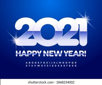 Vector modern greeting card Happy New Year 2021! White metal Font. Glossy Alphabet Letters and Numbers set