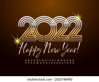 Vector modern greeting card Happy New Year 2022! Artistic maze Font. Gold Alphabet Letters and Numbers