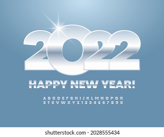 Vector modern greeting card Happy New Year 2022! Bold silver Font. Shiny Alphabet Letters and Numbers set