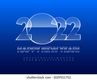 Vector tarjeta de felicitación moderna Feliz Año Nuevo 2022! Fuente de vidrio creativo. Juego de letras y números de alfabeto congelado