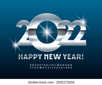 Vector tarjeta de felicitación moderna Feliz Año Nuevo 2022! Luminosa fuente plateada. Letras y números de los alfabetos de acero