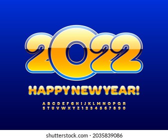 Vector modern Greeting Card Happy New Year 2022! Blue and Yellow Alphabet Letters and Number set. Glossy bright Font