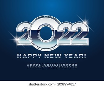 Vector moderno Tarjeta de felicitación Feliz Año Nuevo 2022 con Decoración Rivalizada. Fuente plateada brillante. Juego de letras y números de alfabeto metálico