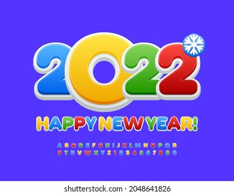 Vector tarjeta de felicitación moderna Feliz Año Nuevo 2022! Conjunto luminoso de letras y números de alfabeto. Fuente colorida linda