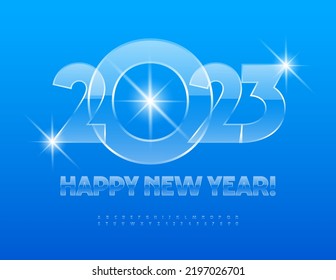 Vector modern  Greeting Card Happy New Year 2023! Trendy Glass Font. Unique transparent Alphabet Letters and Numbers set. 