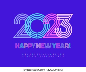 Vector tarjeta de felicitación moderna Feliz Año Nuevo 2023! Colorido tipo de letra. Letras y números alfabéticos artísticos