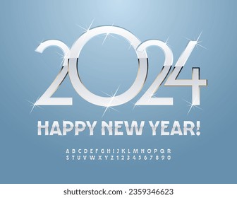 Vector modern Greeting Card Happy New Year 2024! Silver and White chic Font with sparkling Stars. Chic Alphabet Letters and Numbers set.