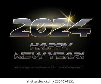 Vector modern Greeting Card Happy New Year 2024! Futuristic style Font. Elite Black set of Alphabet Letters, Numbers and Symbols