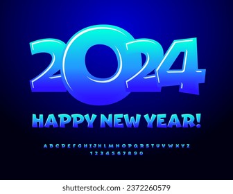 Vector modern Greeting Card Happy New Year 2024! Bright  Glossy Font. Funny Blue Alphabet Letters and Numbers