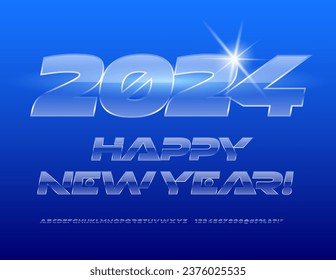 Vektor moderne Grußkarte Frohes Neujahr 2024! Glossy-transparente Schriftart. Alphabetbriefe, Zahlen und Symbole im futuristischen Stil