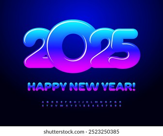Vector modern Greeting Card Happy New Year 2025! Colorful Glossy Font. Bright Alphabet letters and Numbers set.