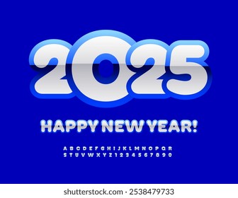 Vector modern Greeting Card Happy New Year 2025! Stylish Glossy Font. Artistic Alphabet Letters and Numbers set.