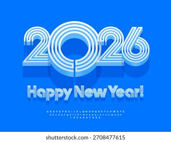 Tarjeta de felicitación moderna del Vector Feliz año Nuevo 2026! Exclusivo estilo laberinto Font. Conjunto de letras y números de alfabeto blanco fresco.