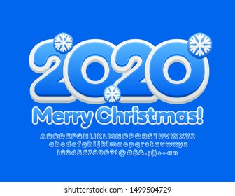 Vector moderno tarjeta de felicitación Feliz Navidad 2020 para los niños. Conjunto artístico de letras de alfabeto, símbolos y números contemporáneos. Fuente azul y blanco brillante.