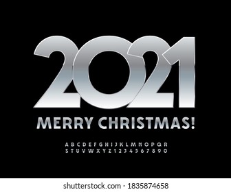Vector modern greeting card Merry Christmas 2021! Matt Metallic Font. Silver Alphabet Letters and Numbers set
