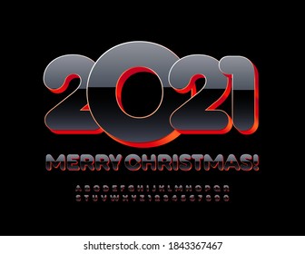 Vector modern greeting card Merry Christmas 2021! Black and Red glossy Font. Shiny bright Alphabet Letters and Numbers set