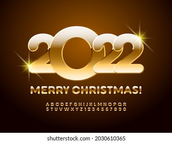 Vector tarjeta de felicitación moderna ¡Feliz Navidad 2022! Chic Golden Font. Juego de letras y números de alfabeto de lujo