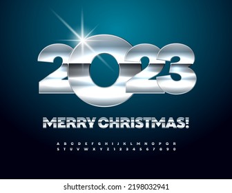 Vector modern greeting card Merry Christmas 2023! Silver glossy Font. Luxury metallic Alphabet Letters and Numbers set