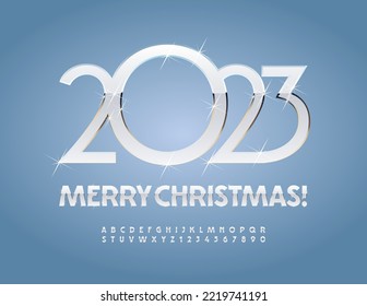 Vector modern Greeting Card Merry Christmas 2023! Chic Alphabet with sparkling stars set of Letters and Numbers. Silver and White stylish Font.