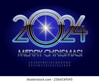 Vector tarjeta de felicitación moderna Feliz Navidad 2024! Tipo de letra Premium. Conjunto brillante de letras y números de alfabeto